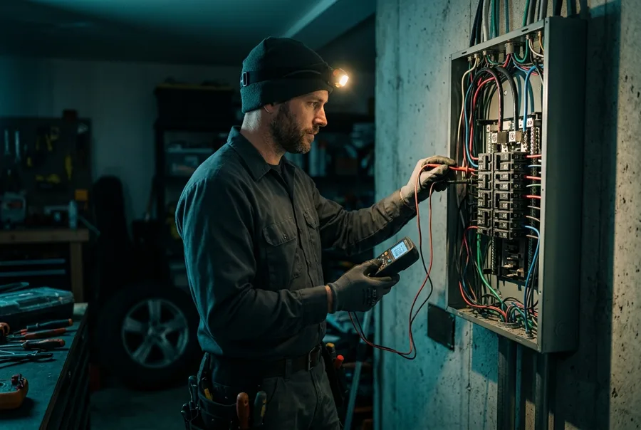 Electrician testing a residential breaker panel