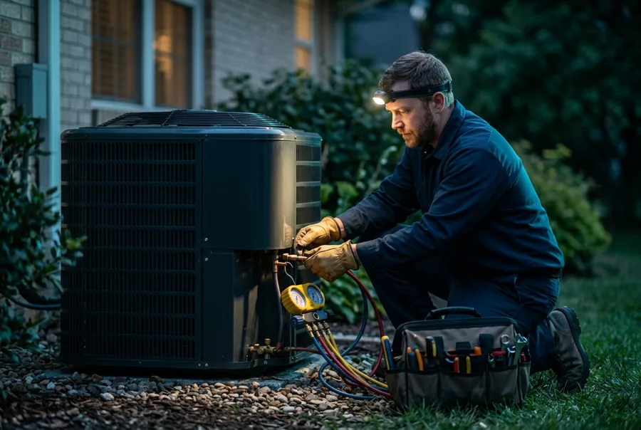 HVAC technician working on a condenser unit at dusk