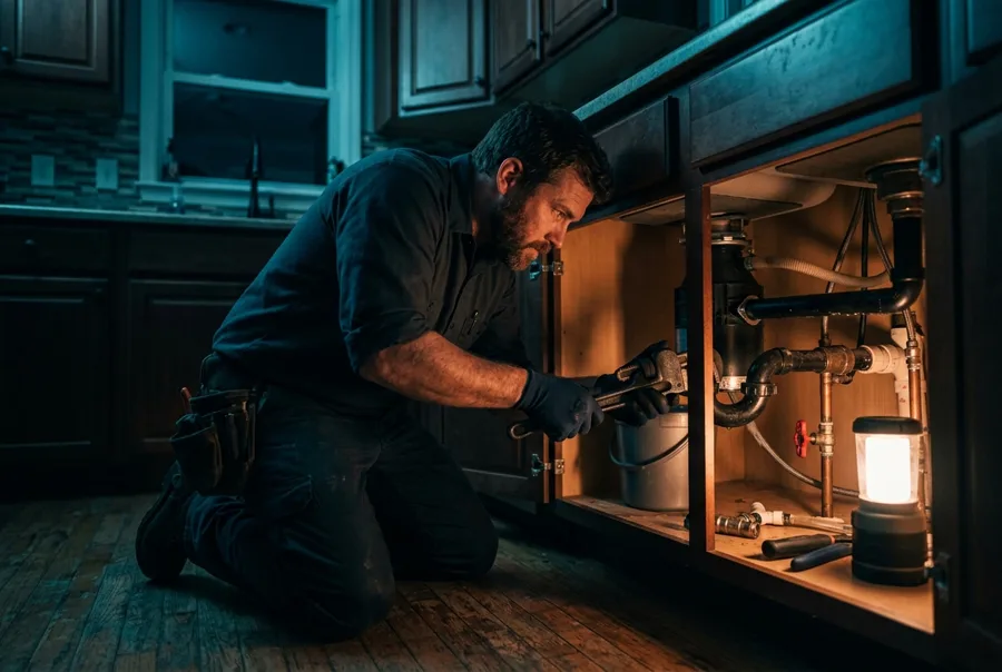 Plumber working under a kitchen sink at night